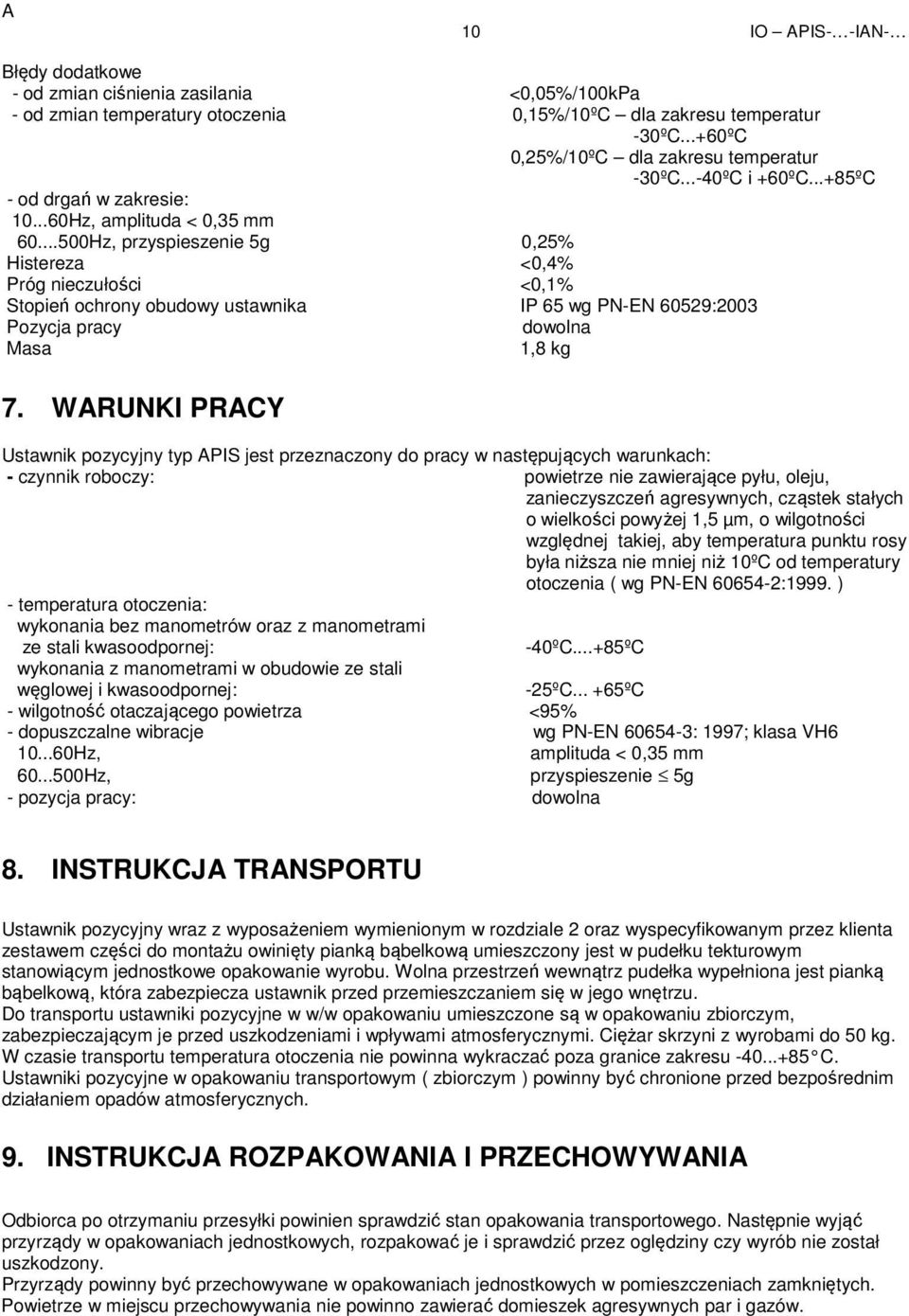 ..500Hz, przyspieszenie 5g 0,25% Histereza <0,4% Próg nieczułści <0,1% Stpień chrny budwy ustawnika IP 65 wg PN-EN 60529:2003 Pzycja pracy dwlna Masa 1,8 kg 7.