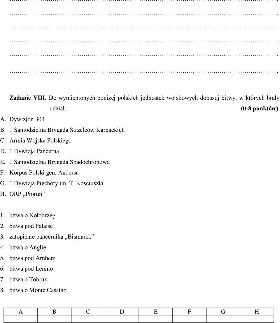 1 Samodzielna Brygada Spadochronowa F. Korpus Polski gen. Andersa G. 1 Dywizja Piechoty im. T. Kościuszki H. ORP Piorun 1.