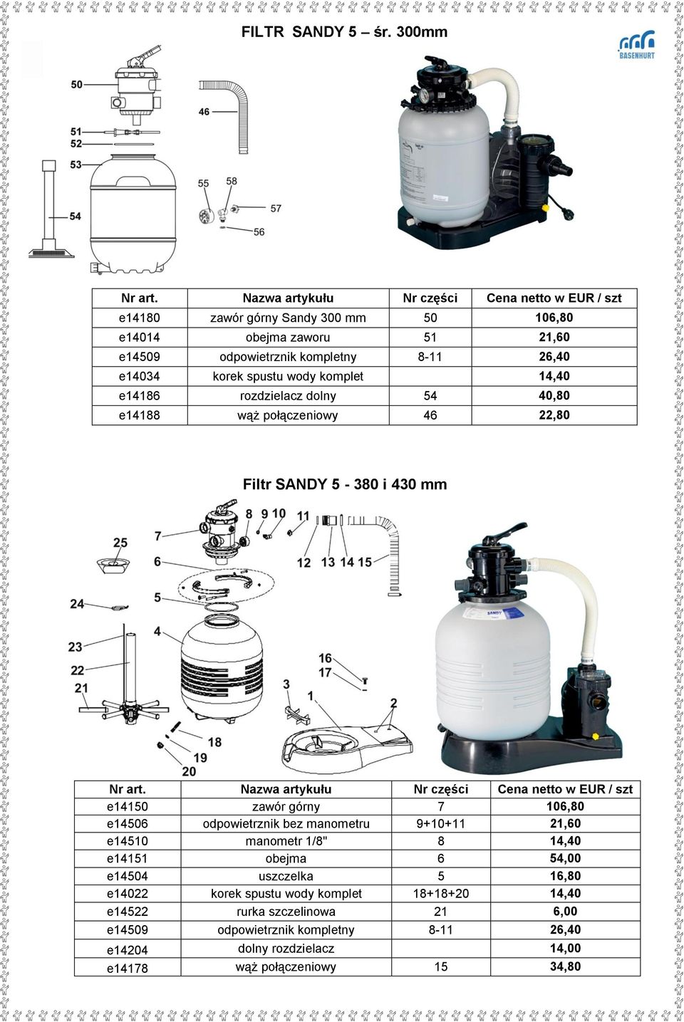 spustu wody komplet 14,40 e14186 rozdzielacz dolny 54 40,80 e14188 wąż połączeniowy 46 22,80 Filtr SANDY 5-380 i 430 mm Nr art.