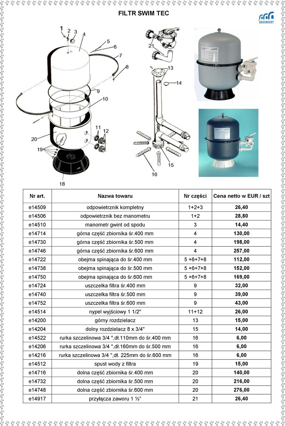 zbiornika śr.400 mm 4 130,00 e14730 górna część zbiornika śr.500 mm 4 198,00 e14746 górna część zbiornika śr.600 mm 4 257,00 e14722 obejma spinająca do śr.