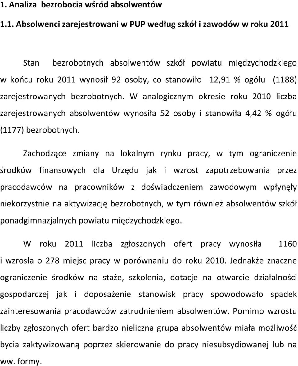 W analogicznym okresie roku 2010 liczba zarejestrowanych absolwentów wynosiła 52 osoby i stanowiła 4,42 % ogółu (1177) bezrobotnych.