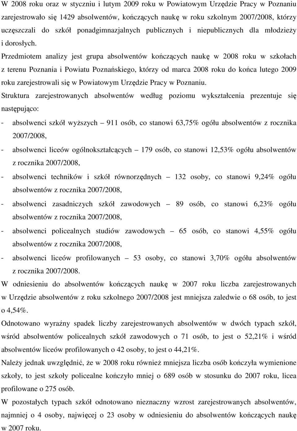 Przedmiotem analizy jest grupa absolwentów kończących naukę w 008 roku w szkołach z terenu Poznania i Powiatu Poznańskiego, którzy od marca 008 roku do końca lutego 009 roku zarejestrowali się w