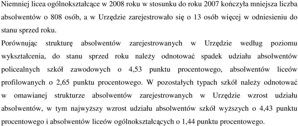 Porównując strukturę absolwentów zarejestrowanych w Urzędzie według poziomu wykształcenia, do stanu sprzed roku należy odnotować spadek udziału absolwentów policealnych szkół zawodowych