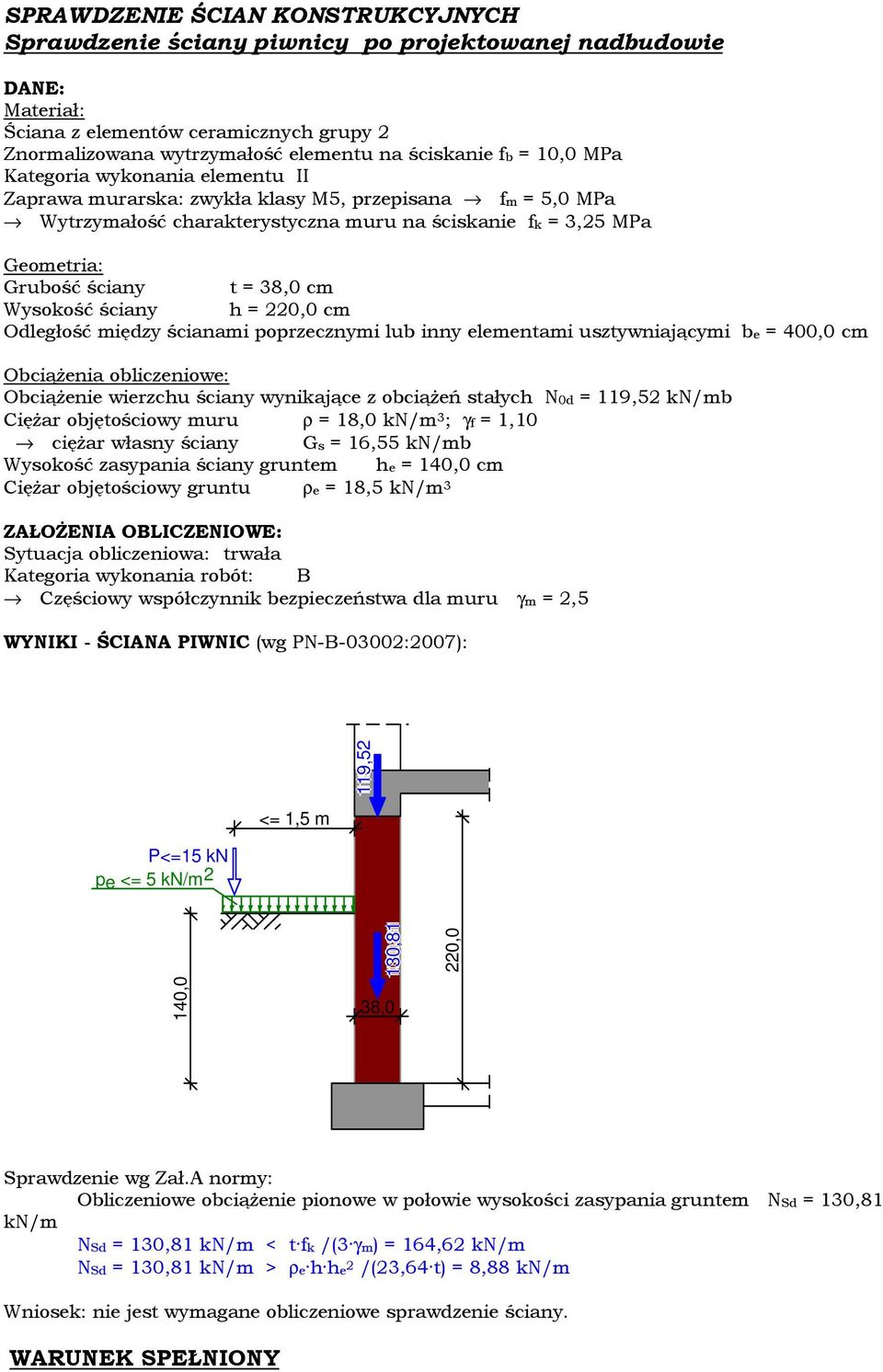 cm Wysokość ściany h = 220,0 cm Odległość między ścianami poprzecznymi lub inny elementami usztywniającymi be = 400,0 cm Obciążenia obliczeniowe: Obciążenie wierzchu ściany wynikające z obciążeń