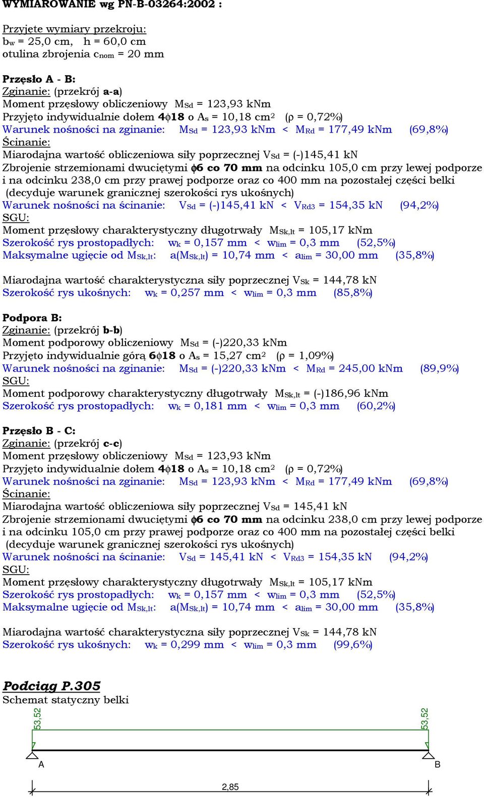 (-)145,41 kn Zbrojenie strzemionami dwuciętymi φ6 co 70 mm na odcinku 105,0 cm przy lewej podporze i na odcinku 238,0 cm przy prawej podporze oraz co 400 mm na pozostałej części belki (decyduje