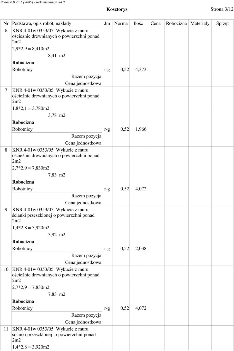 0,52 4,072 9 KNR 4-01w 0353/05 Wykucie z muru ścianki przeszklonej o powierzchni ponad 1,4*2,8 = 3,920m2 3,92 m2 Robotnicy r-g 0,52 2,038 10 KNR 4-01w 0353/05