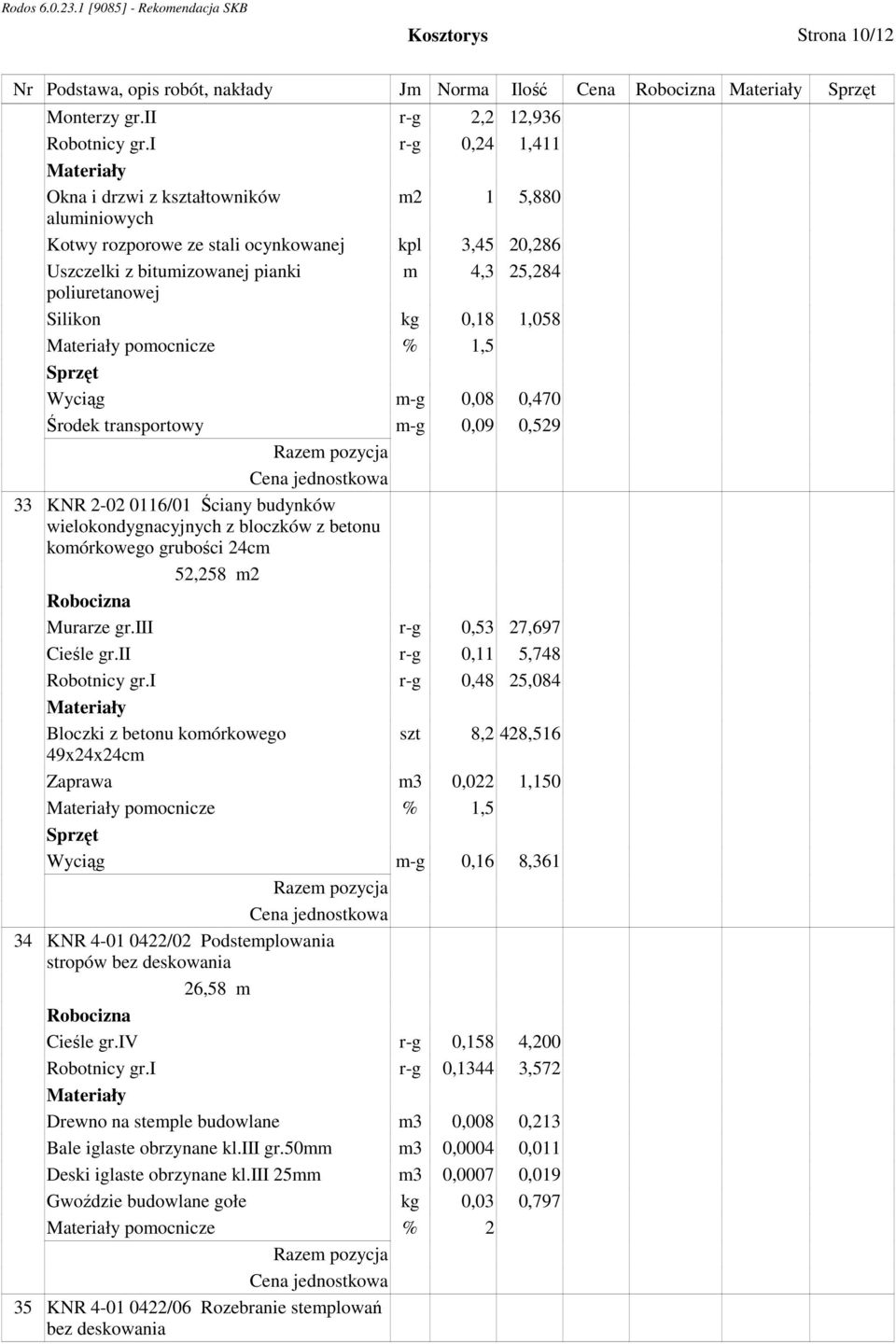 0,18 1,058 pomocnicze % 1,5 Wyciąg m-g 0,08 0,470 Środek transportowy m-g 0,09 0,529 33 KNR 2-02 0116/01 Ściany budynków wielokondygnacyjnych z bloczków z betonu komórkowego grubości 24cm 52,258 m2