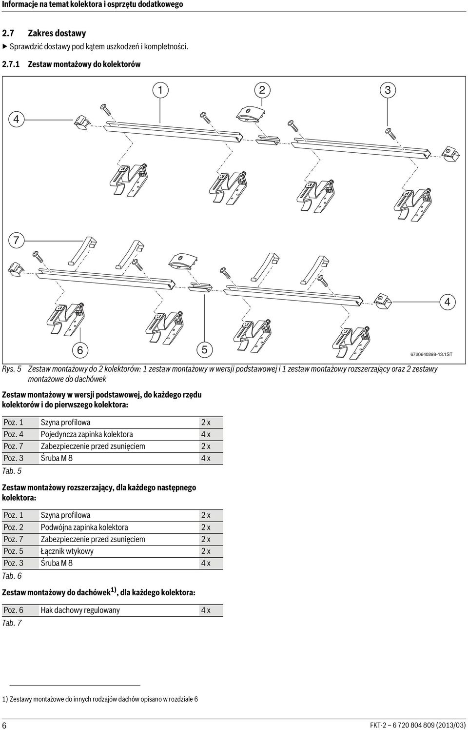 kolektorów i do pierwszego kolektora: Poz. Szyna profilowa x Poz. 4 Pojedyncza zapinka kolektora 4 x Poz. 7 Zabezpieczenie przed zsunięciem x Poz. Śruba M 8 4 x Tab.