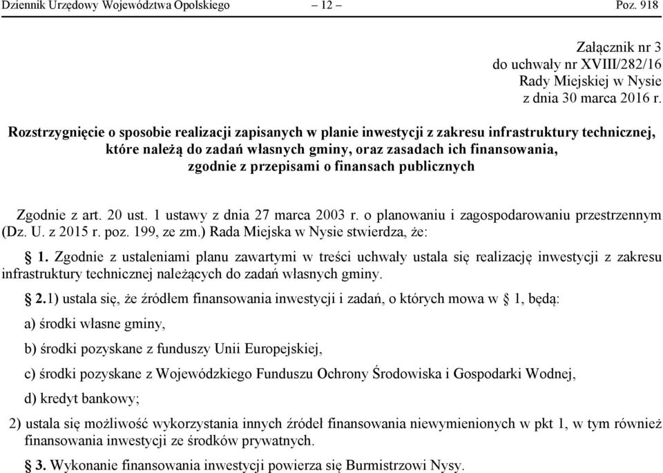 finansach publicznych Zgodnie z art. 20 ust. 1 ustawy z dnia 27 marca 2003 r. o planowaniu i zagospodarowaniu przestrzennym (Dz. U. z 2015 r. poz. 199, ze zm.) Rada Miejska w Nysie stwierdza, że: 1.