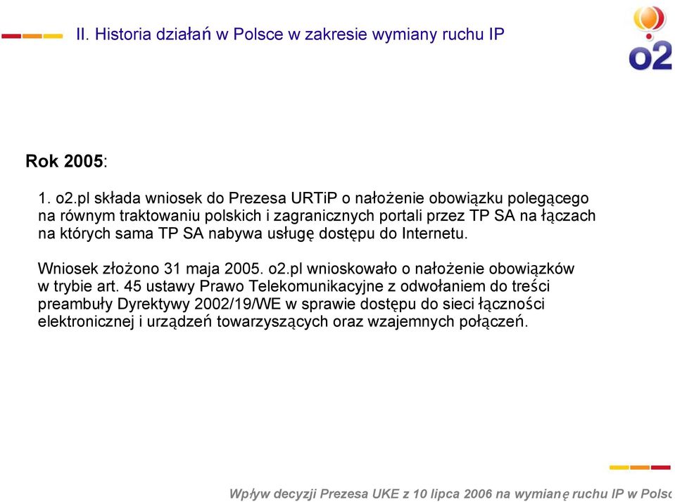 łączach na których sama TP SA nabywa usługę dostępu do Internetu. Wniosek złożono 31 maja 2005. o2.