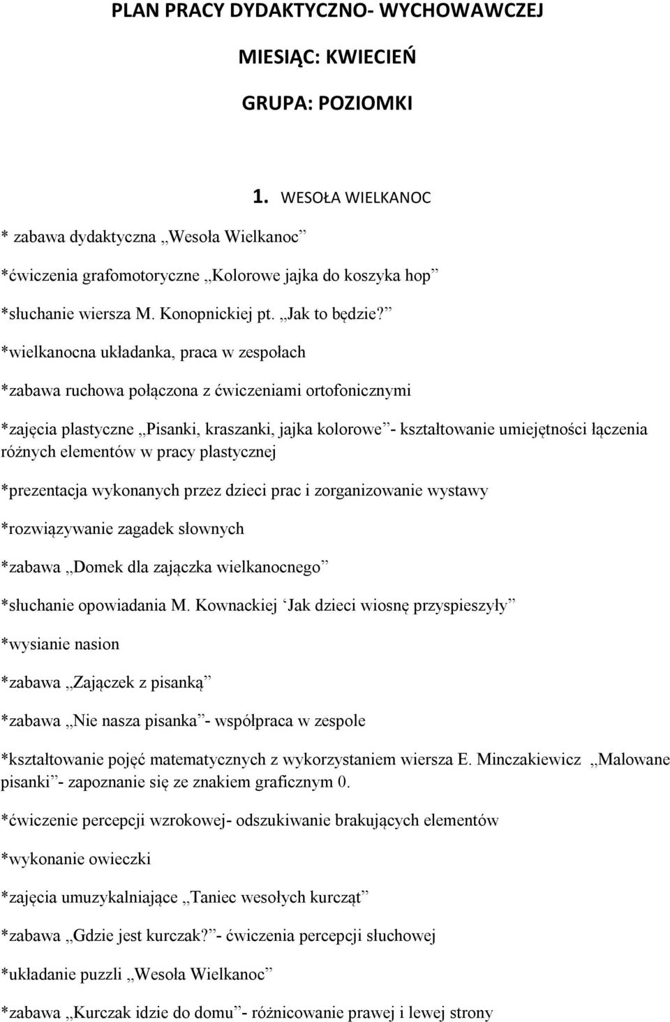 *wielkanocna układanka, praca w zespołach *zabawa ruchowa połączona z ćwiczeniami ortofonicznymi *zajęcia plastyczne Pisanki, kraszanki, jajka kolorowe - kształtowanie umiejętności łączenia różnych