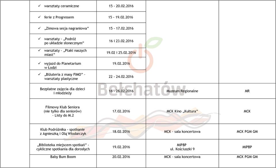 2 17.02.2016 Kino Kultura Klub Podróżnika - spotkanie z Agnieszką i Olą Włodarczyk 18.02.2016 sala koncertowa PGM GM Biblioteka miejscem spotkań - cykliczne spotkania dla dorosłych 19.