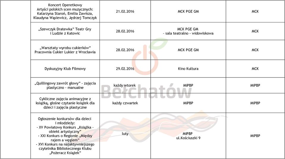 02.2016 Kino Kultura Quillingowy zawrót głowy - zajęcia plastyczno manualne każdy wtorek Cykliczne zajęcia animacyjne z książką, głośne czytanie książek dla dzieci i zajęcia plastyczne każdy