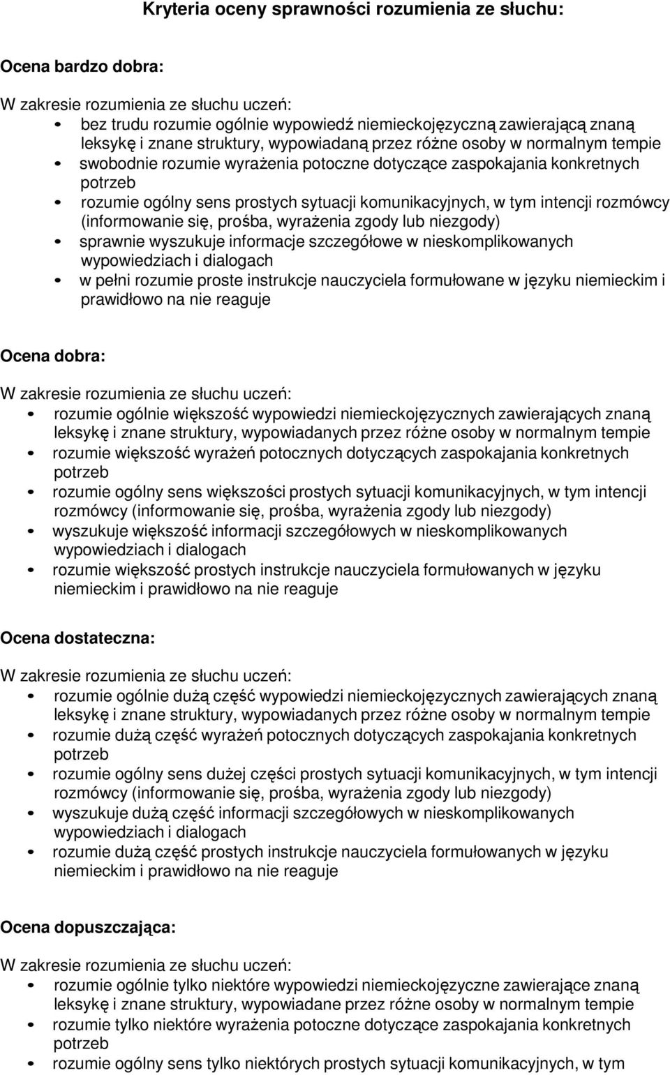 tym intencji rozmówcy (informowanie się, prośba, wyrażenia zgody lub niezgody) sprawnie wyszukuje informacje szczegółowe w nieskomplikowanych wypowiedziach i dialogach w pełni rozumie proste