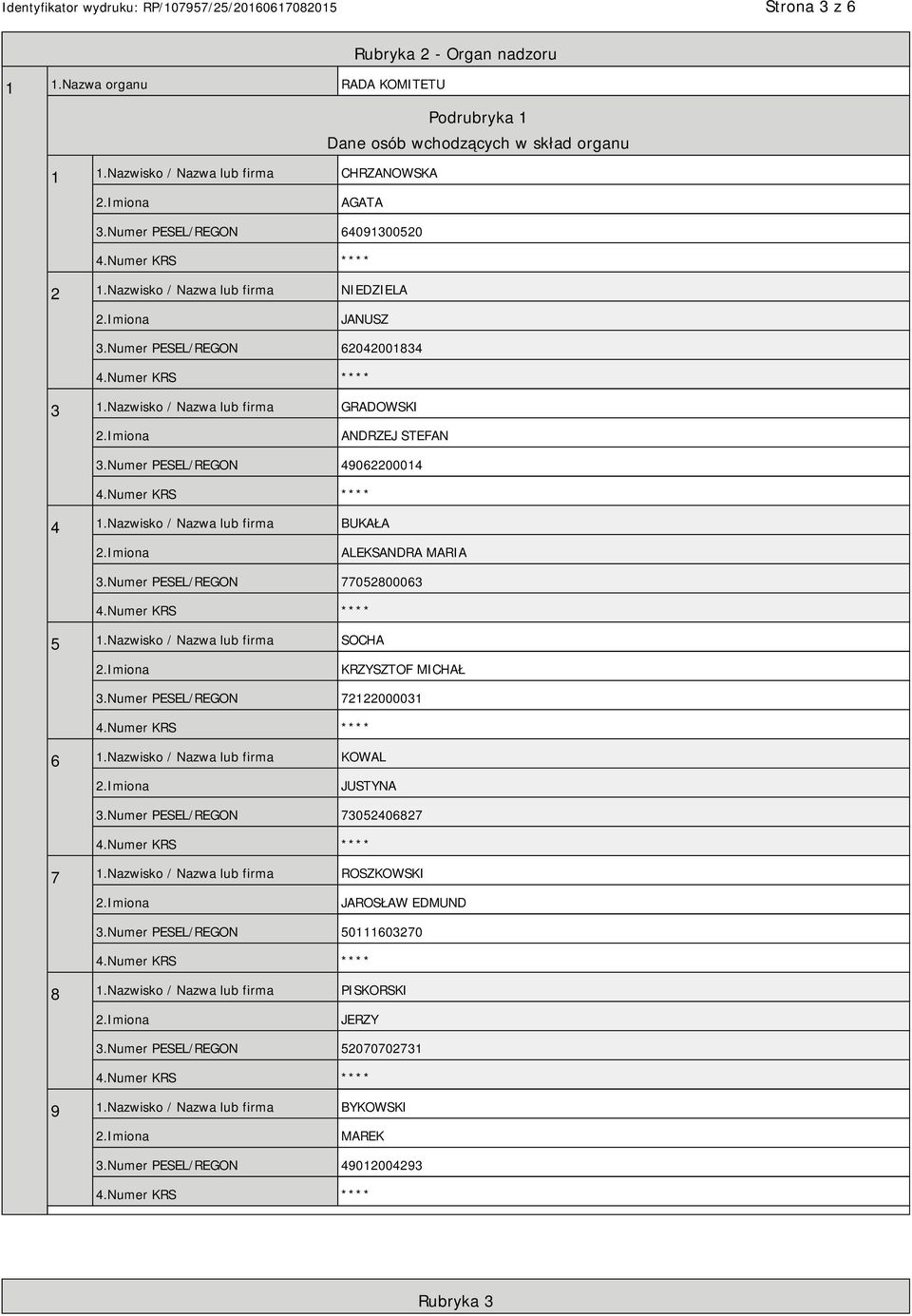 Numer PESEL/REGON 49062200014 4 1.Nazwisko / Nazwa lub firma BUKAŁA ALEKSANDRA MARIA 3.Numer PESEL/REGON 77052800063 5 1.Nazwisko / Nazwa lub firma SOCHA KRZYSZTOF MICHAŁ 3.