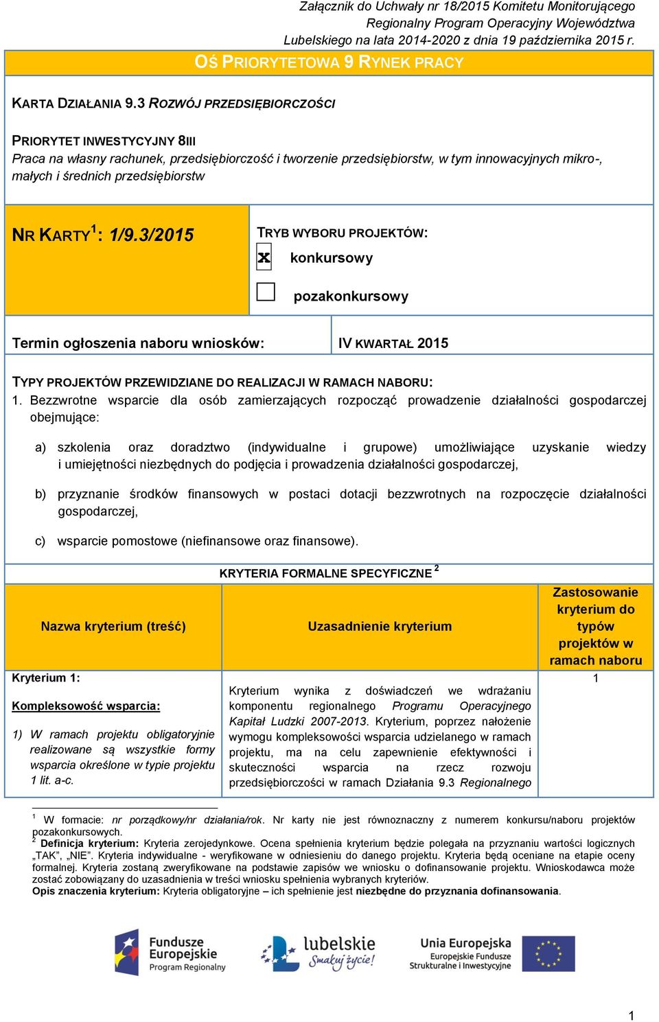 : /9.3/205 TRYB WYBORU PROJEKTÓW: x konkursowy pozakonkursowy Termin ogłoszenia naboru wniosków: IV KWARTAŁ 205 TYPY PROJEKTÓW PRZEWIDZIANE DO REALIZACJI W RAMACH NABORU:.