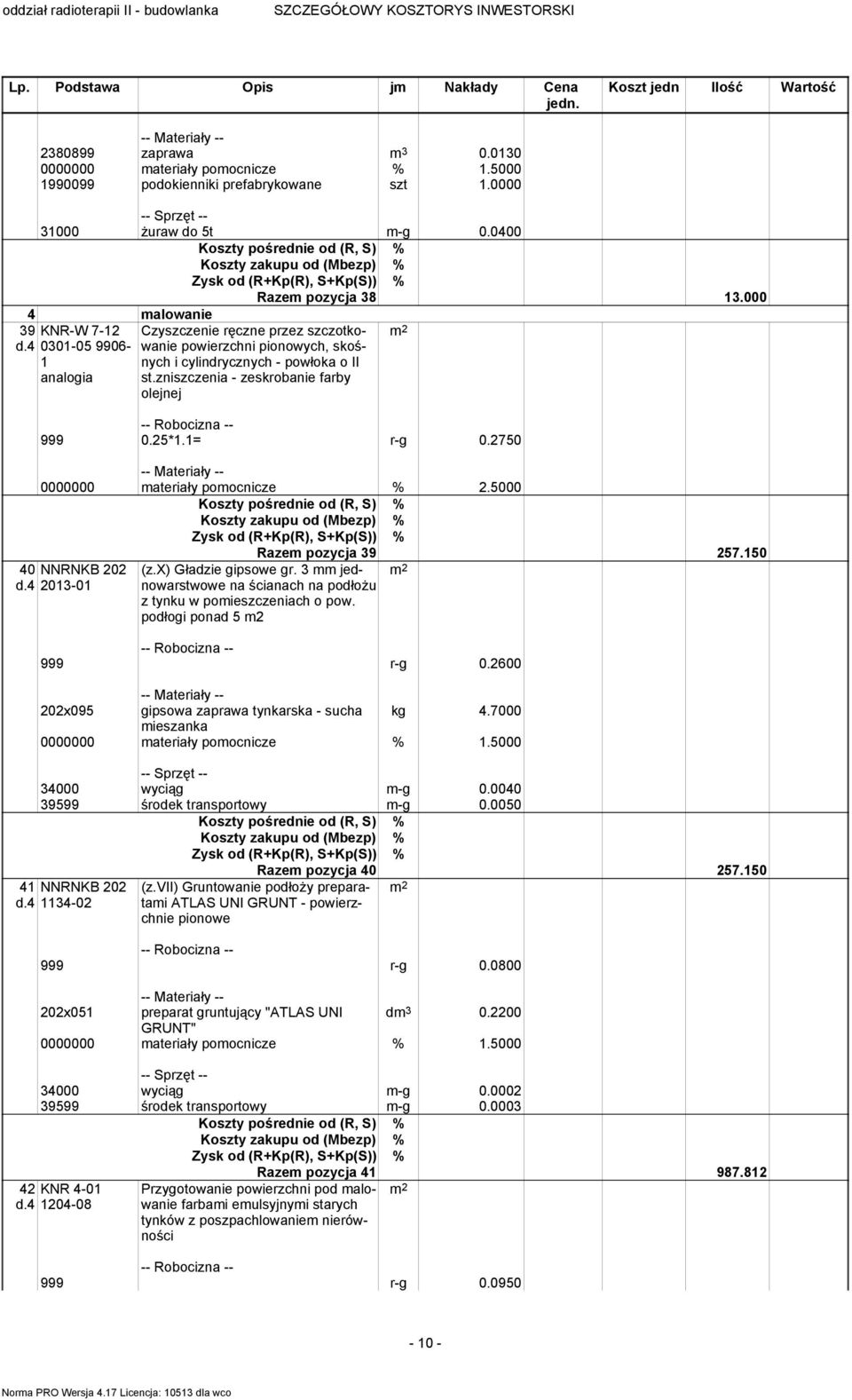 zniszczenia - zeskrobanie farby olejnej 999 0.25*1.1= r-g 0.2750 0000000 materiały pomocnicze % 2.5000 40 NNRNKB 202 d.4 2013-01 Razem pozycja 39 257.150 (z.x) Gładzie gipsowe gr.