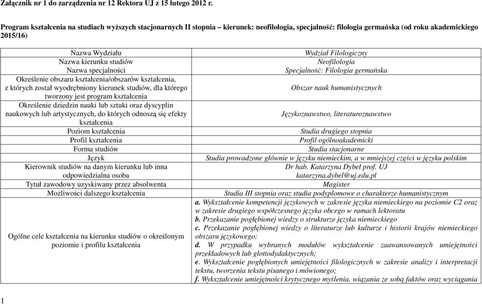 specjalności Określenie obszaru kształcenia/obszarów kształcenia, z których został wyodrębniony kierunek studiów, dla którego tworzony jest program kształcenia Określenie dziedzin nauki lub sztuki