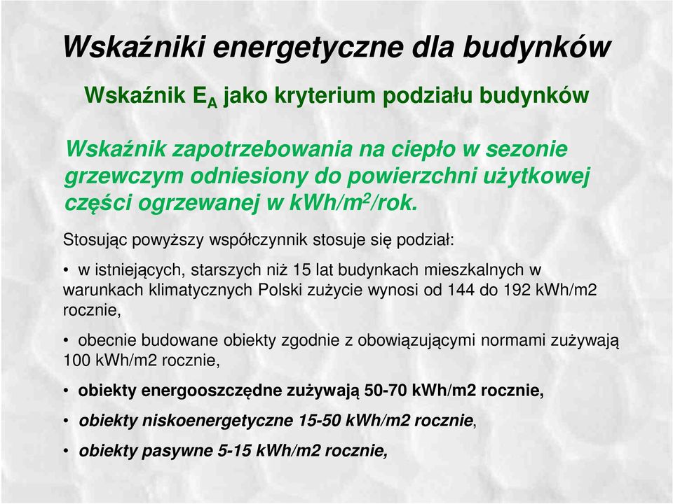 Stosując powyższy współczynnik stosuje się podział: w istniejących, starszych niż 15 lat budynkach mieszkalnych w warunkach klimatycznych Polski zużycie