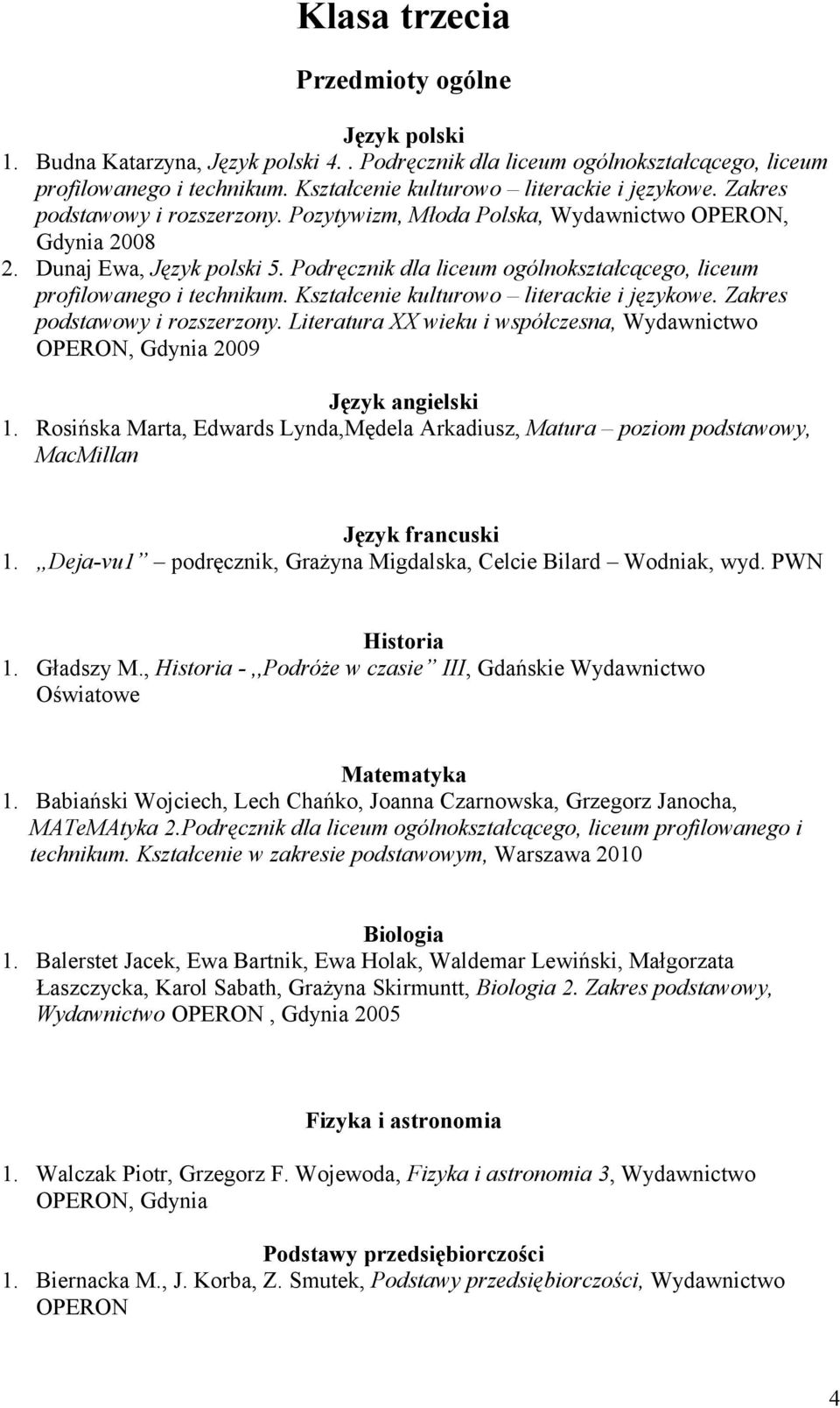 Kształcenie kulturowo literackie i językowe. Zakres podstawowy i rozszerzony. Literatura XX wieku i współczesna, Wydawnictwo OPERON, Gdynia 2009 1.