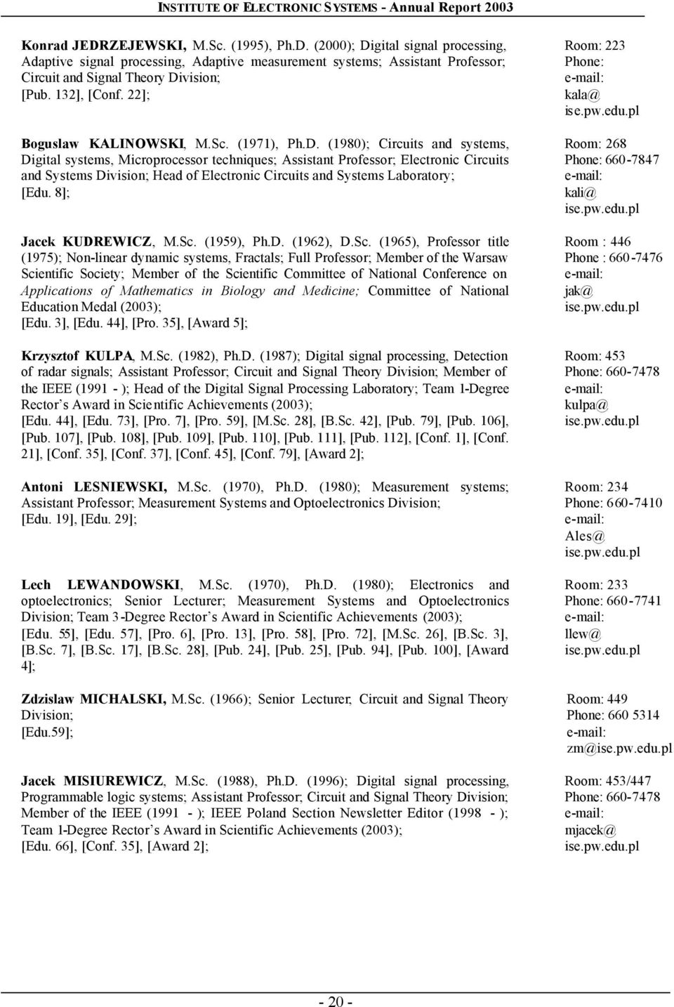 (1980); Circuits and systems, Digital systems, Microprocessor techniques; Assistant Professor; Electronic Circuits and Systems Division; Head of Electronic Circuits and Systems Laboratory; [Edu.