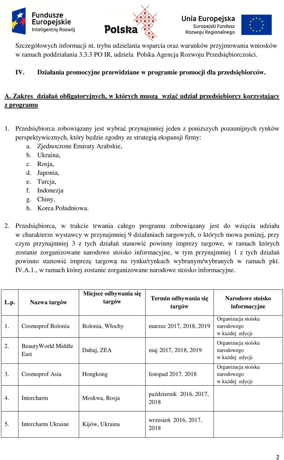 Przedsiębiorca zobowiązany jest wybrać przynajmniej jeden z poniższych pozaunijnych rynków perspektywicznych, który będzie zgodny ze strategią ekspansji firmy: a. Zjednoczone Emiraty Arabskie, b.