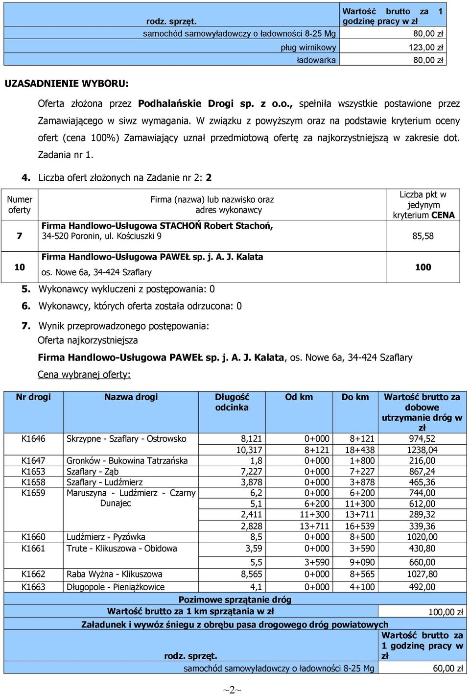 Liczba ofert złożonych na Zadanie nr 2: 2 7 Firma Handlowo-Usługowa STACHOŃ Robert Stachoń, 34-520 Poronin, ul. Kościuszki 9 85,58 Firma Handlowo-Usługowa PAWEŁ sp. j. A. J. Kalata 10 os.