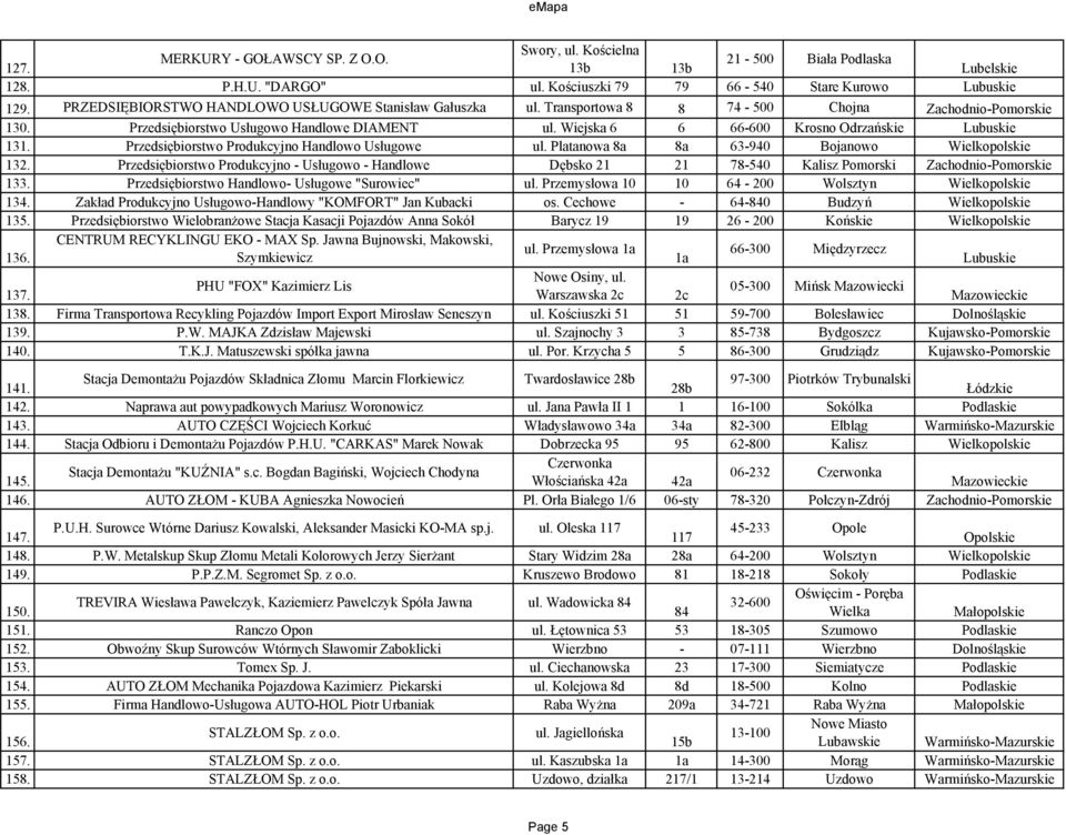 Wiejska 6 6 66600 Krosno Odrzańskie Lubuskie 131. Przedsiębiorstwo Produkcyjno Handlowo Usługowe ul. Platanowa 8a 8a 63940 Bojanowo Wielkopolskie 132.