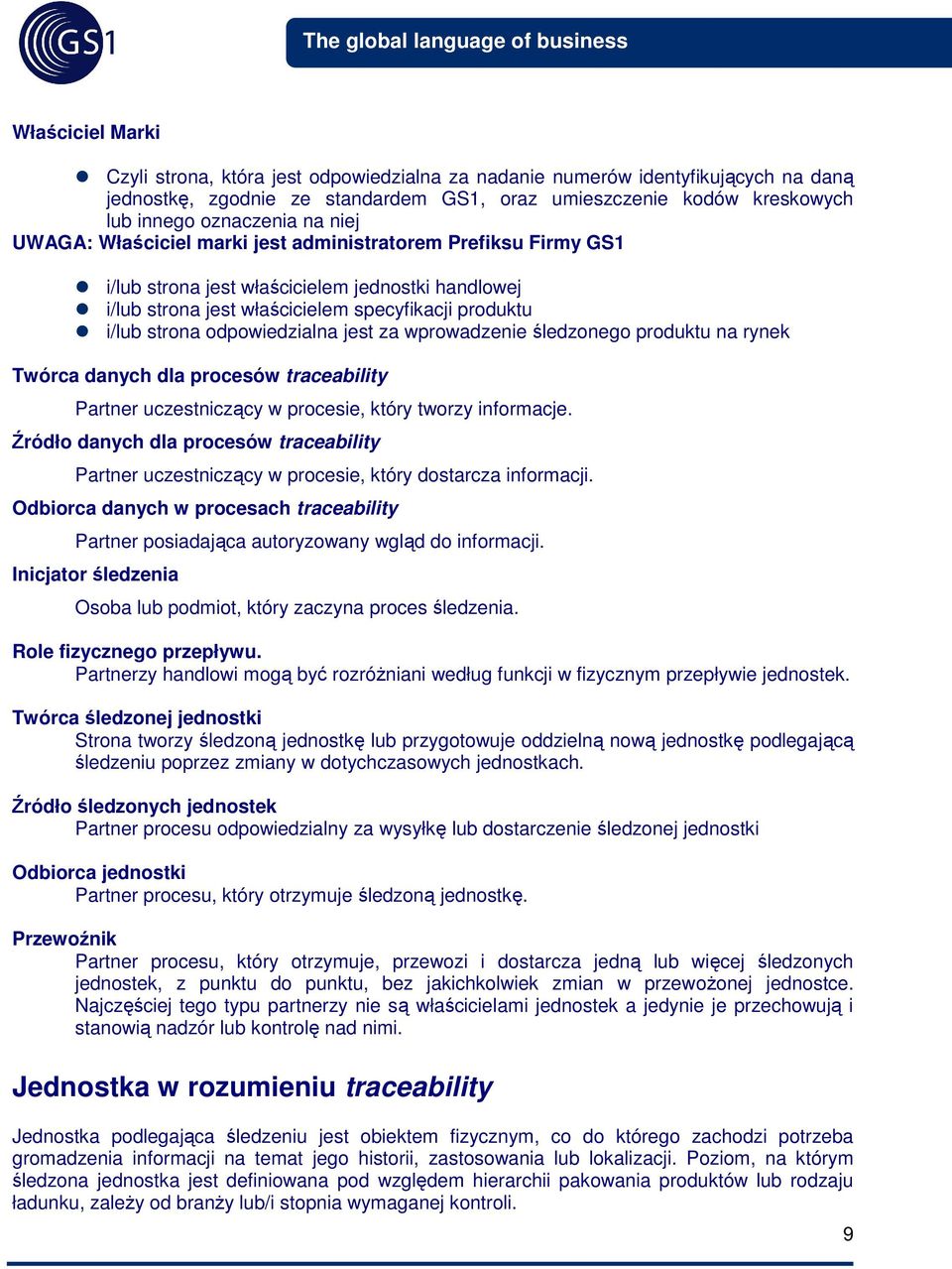 odpowiedzialna jest za wprowadzenie śledzonego produktu na rynek Twórca danych dla procesów traceability Partner uczestniczący w procesie, który tworzy informacje.