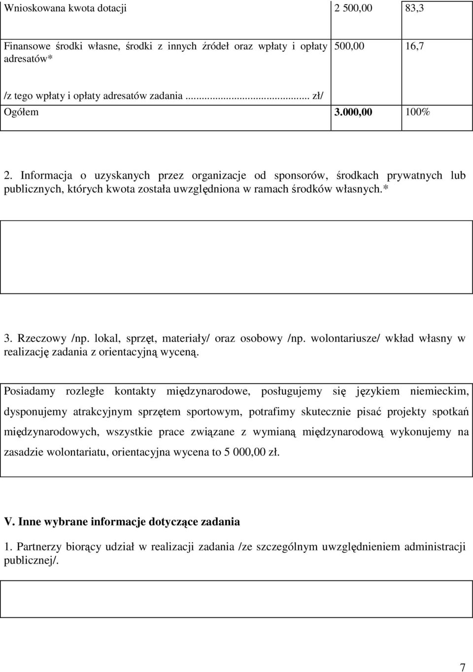 lokal, sprzęt, materiały/ oraz osobowy /np. wolontariusze/ wkład własny w realizację zadania z orientacyjną wyceną.