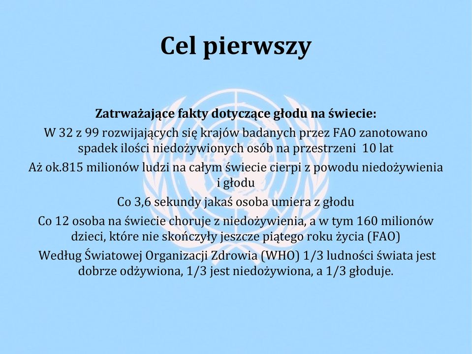 815 milionów ludzi na całym świecie cierpi z powodu niedożywienia i głodu Co 3,6 sekundy jakaś osoba umiera z głodu Co 12 osoba na świecie