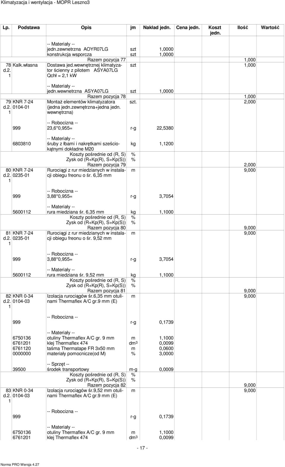 pozycja 78,000 szt.,000 999 3,6*0,955= r-g,5380 680380 śruby z łbami i nakrętkami sześciokątnymi kg,00 dokładne M0 80 KNR 7-4 d.. 035-0 Rurociągi z rur miedzianych w instalacji obiegu freonu o śr.