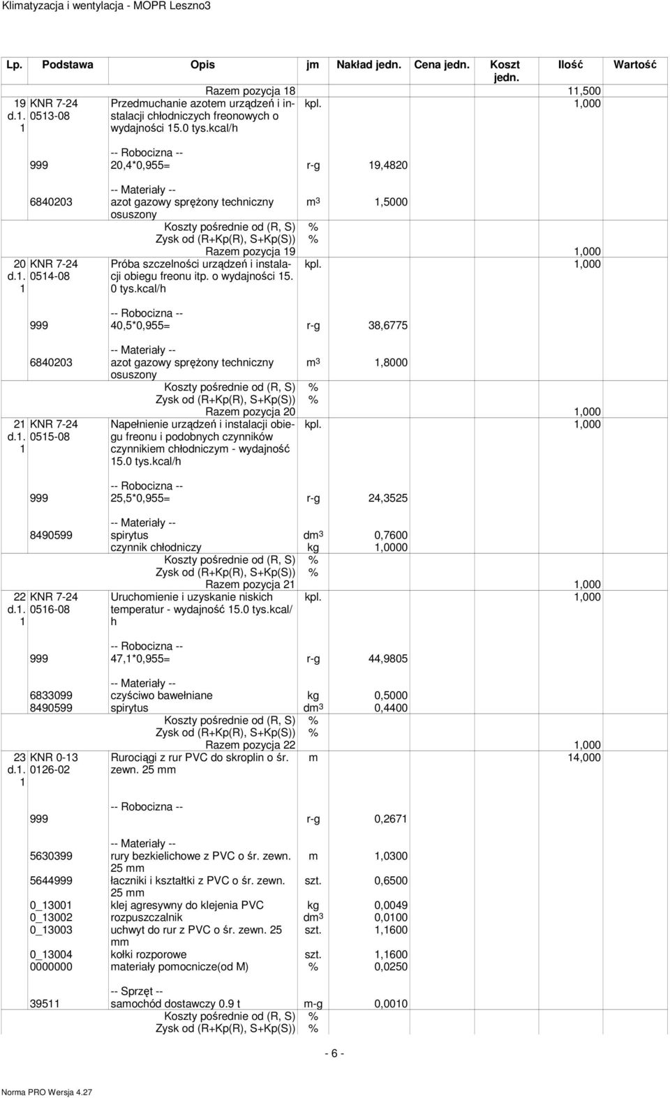 kcal/h Razem pozycja 9,000 999 40,5*0,955= r-g 38,6775 684003 azot gazowy spręŝony techniczny m 3,8000 osuszony KNR 7-4 d.