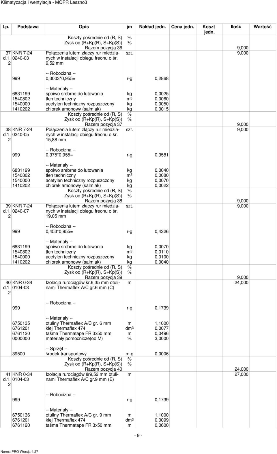 KNR 7-4 d.. 040-05 Połączenia lutem złączy rur miedzianych w instalacji obiegu freonu o śr. 5,88 Razem pozycja 37 9,000 szt.