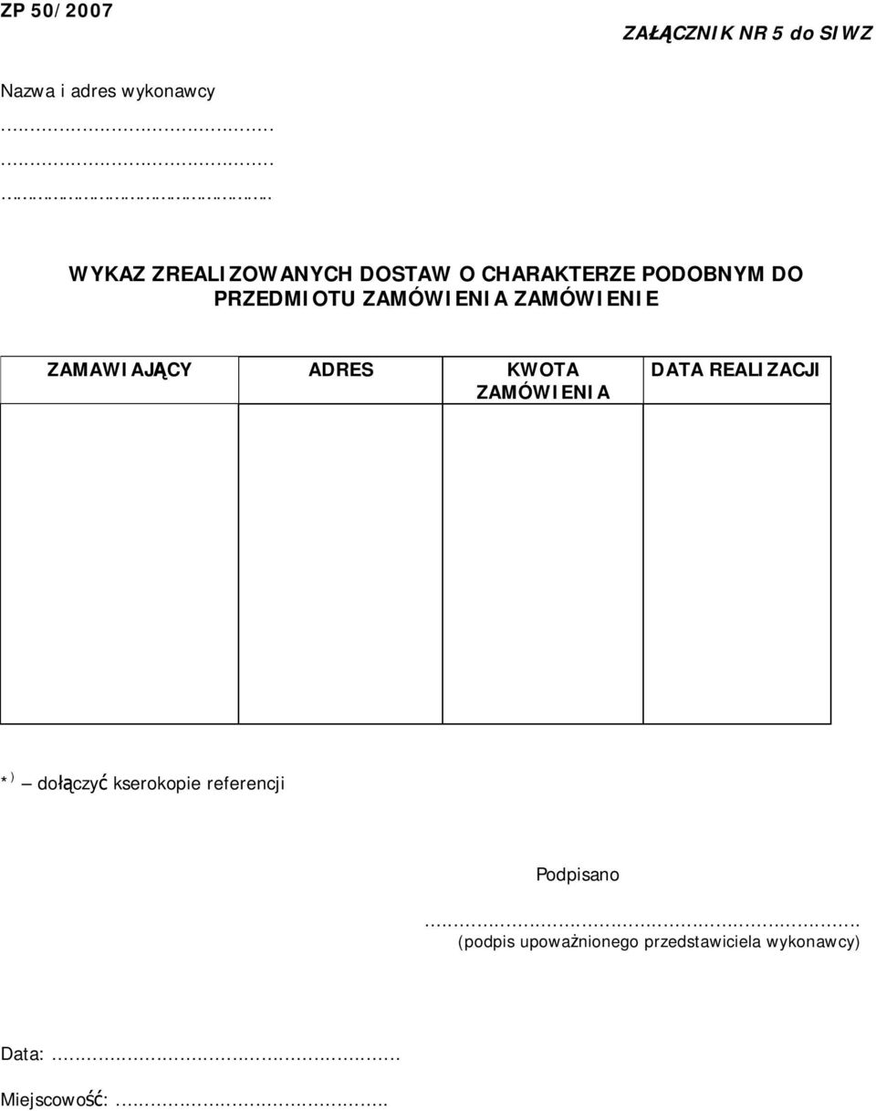 ZAMAWIAJĄCY ADRES KWOTA ZAMÓWIENIA DATA REALIZACJI * )