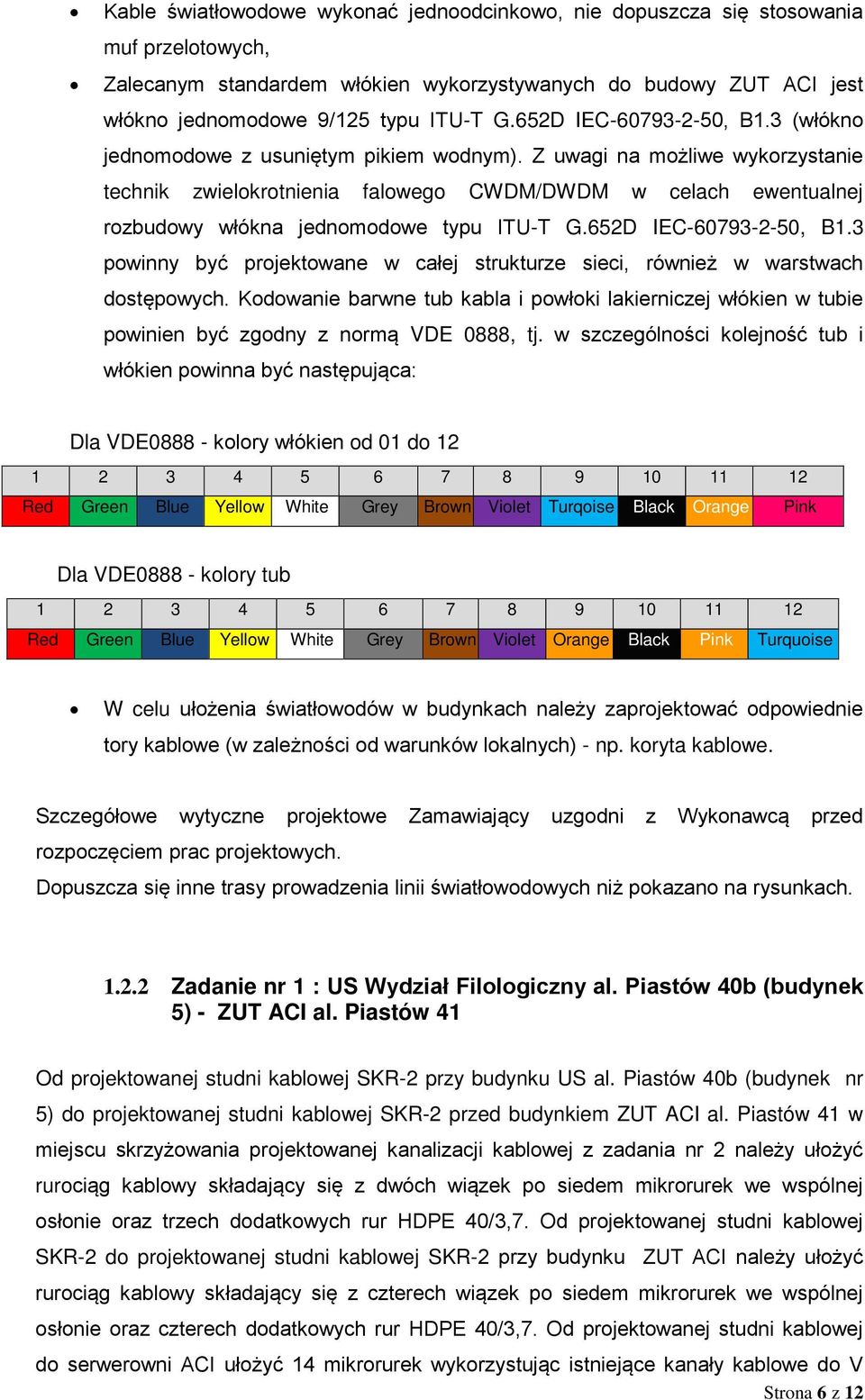 Z uwagi na możliwe wykorzystanie technik zwielokrotnienia falowego CWDM/DWDM w celach ewentualnej rozbudowy włókna jednomodowe typu ITU-T G.652D IEC-60793-2-50, B1.