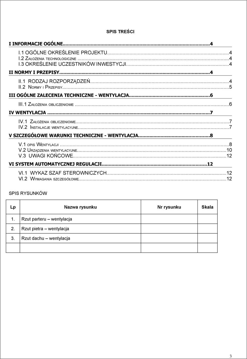 ..7 V SZCZEGÓŁOWE WARUNKI TECHNICZNE - WENTYLACJA...8 V.1 OPIS WENTYLACJI...8 V.2 URZĄDZENIA WENTYLACYJNE...10 V.3 UWAGI KOŃCOWE...12 VI SYSTEM AUTOMATYCZNEJ REGULACJI...12 VI.1 WYKAZ SZAF STEROWNICZYCH.