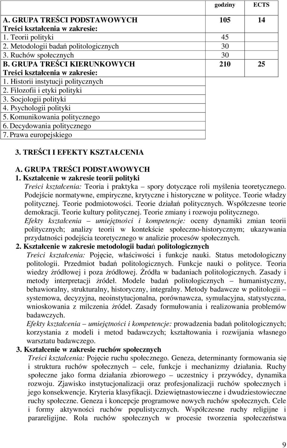 Komunikowania politycznego 6. Decydowania politycznego 7. Prawa europejskiego 3. TRECI I EFEKTY KSZTAŁCENIA A. GRUPA TRECI PODSTAWOWYCH 1.