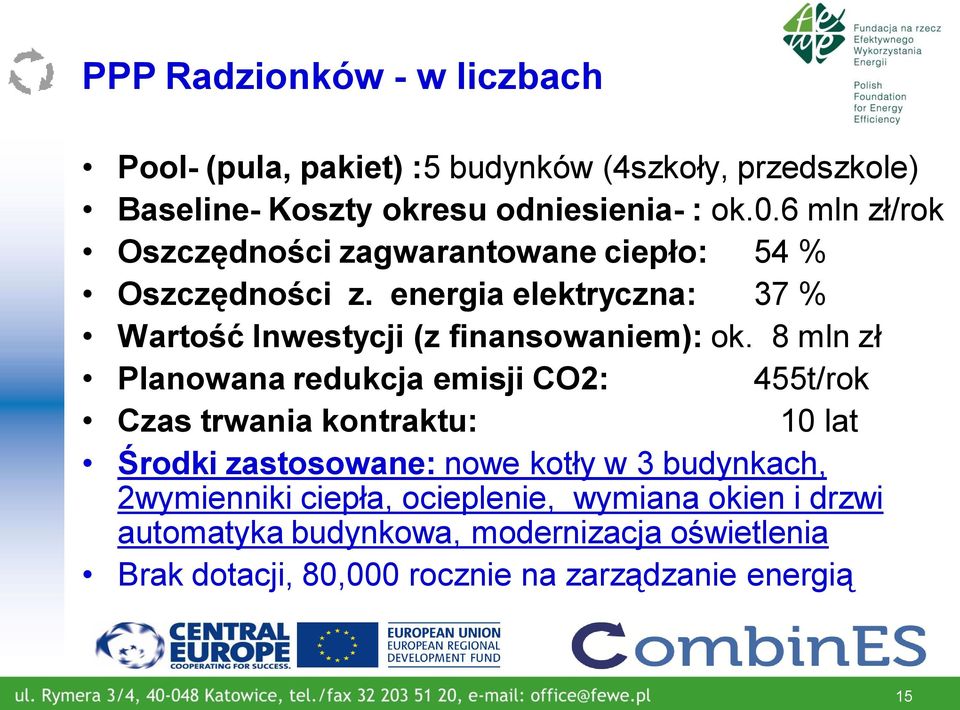 8 mln zł Planowana redukcja emisji CO2: 455t/rok Czas trwania kontraktu: 10 lat Środki zastosowane: nowe kotły w 3 budynkach,