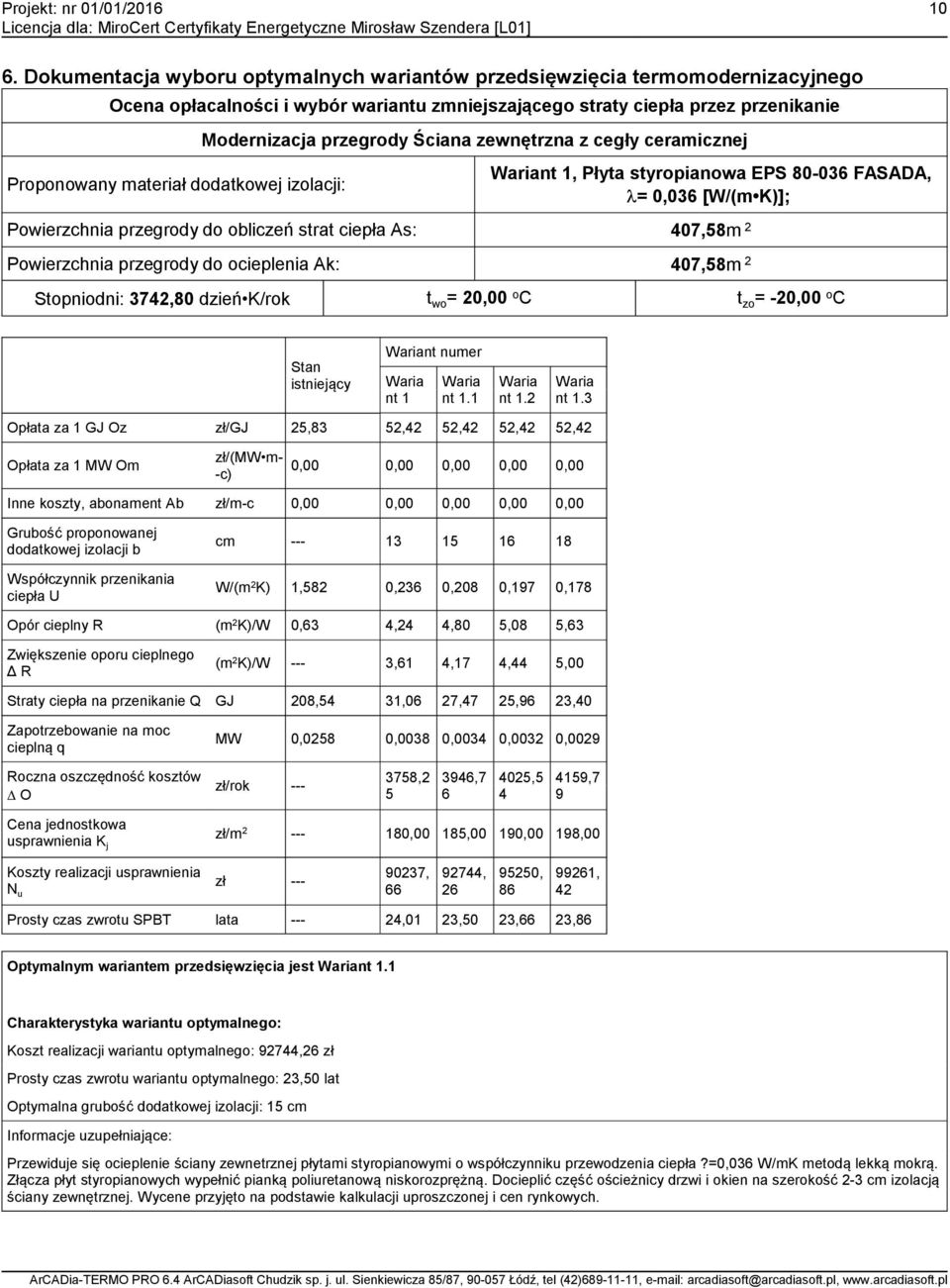 407,58m 2 Powierzchnia przegrody do ocieplenia Ak: 407,58m 2 Stopniodni: 3742,80 dzień K/rok t wo = 20,00 o C t zo = -20,00 o C Stan istniejący Wariant numer Waria nt 1 Waria nt 1.1 Waria nt 1.2 Waria nt 1.