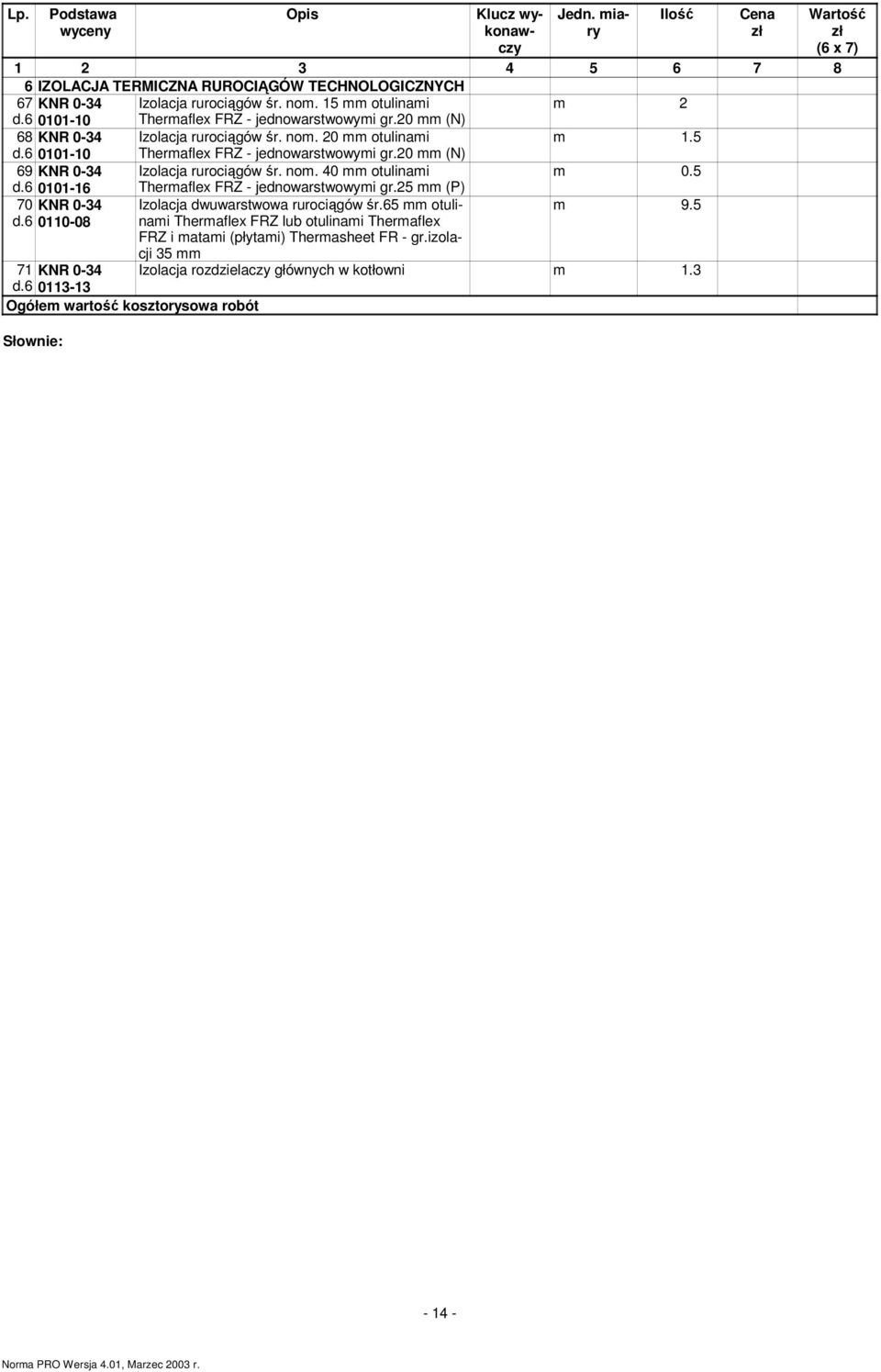 nom. 40 mm otulinami m 0.5 d.6 0101-16 Thermaflex FRZ - jednowarstwowymi gr.25 mm (P) 70 KNR 0-34 Izolacja dwuwarstwowa rurociągów śr.65 mm otulinami m 9.5 d.6 0110-08 Thermaflex FRZ lub otulinami Thermaflex FRZ i matami (płytami) Thermasheet FR - gr.