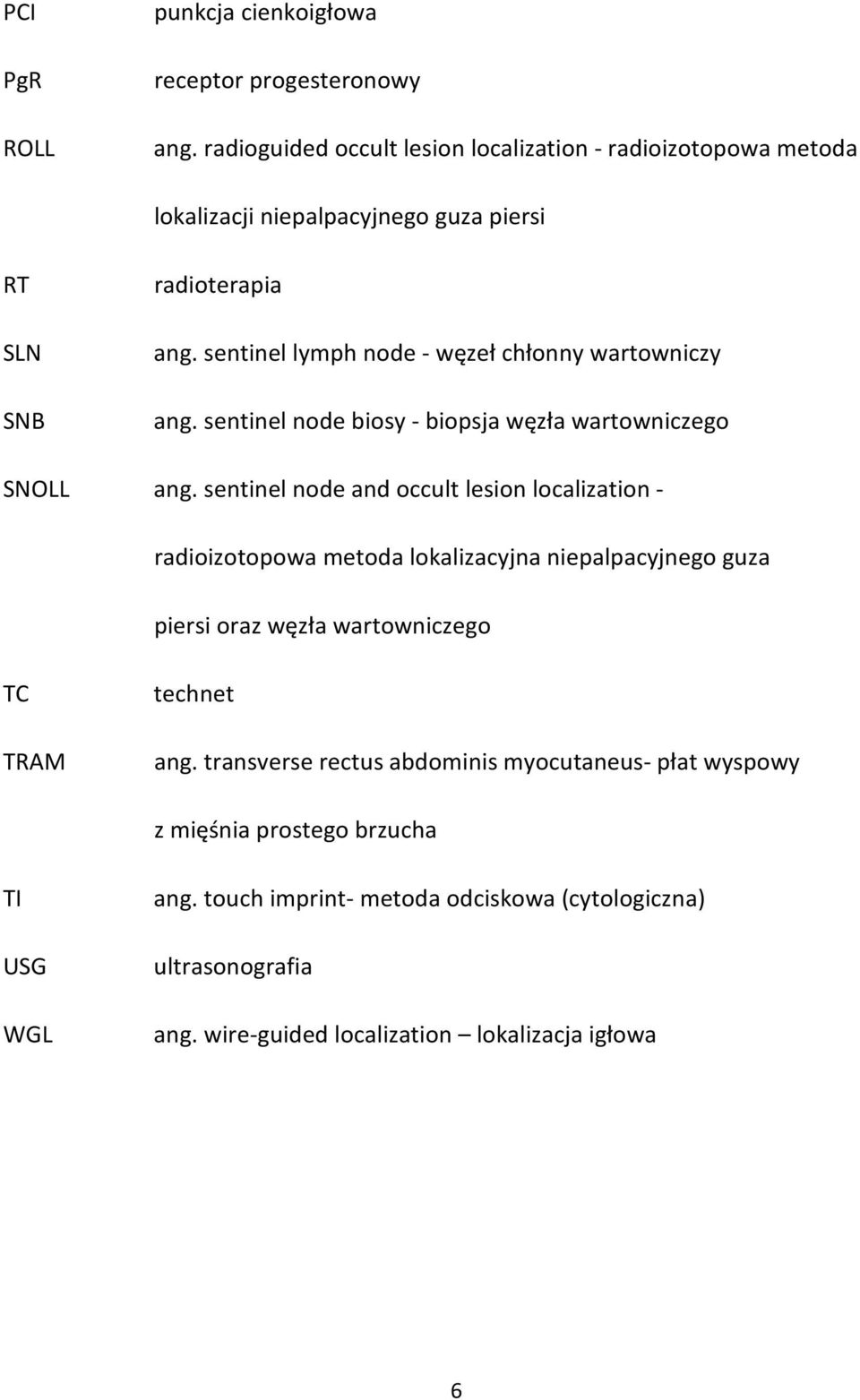 sentinel lymph node - węzeł chłonny wartowniczy ang. sentinel node biosy - biopsja węzła wartowniczego SNOLL ang.