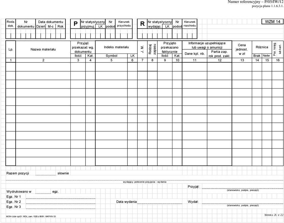 Symbol 1 2 3 4 5 6 7 8 Przyjęto Informacje uzupełniające Cena przekazano lub uwagi o amunicji Różnica jednost. faktycznie Partia zap. Dane kpl. nb. w zł LK Ilość Kat. rok prod. zakł. Brak Nadw.