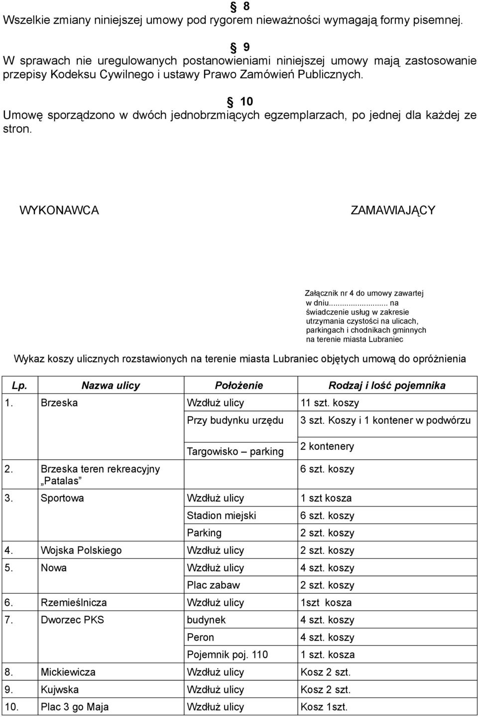 10 Umowę sporządzono w dwóch jednobrzmiących egzemplarzach, po jednej dla każdej ze stron.