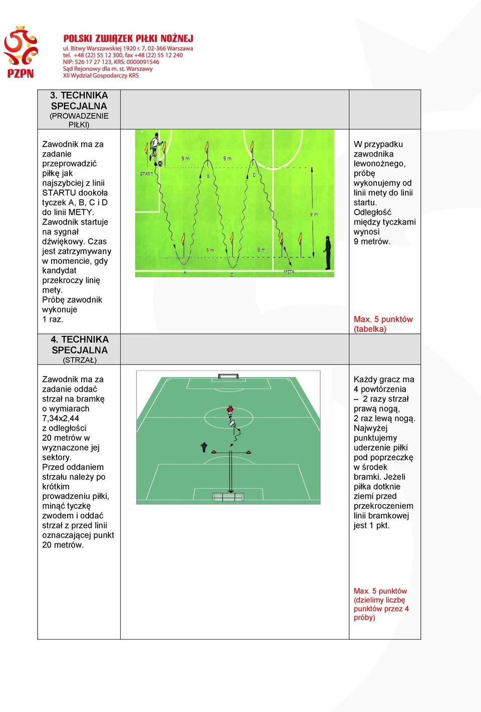 TECHNIKA SPECJALNA (STRZAŁ) Zawodnik ma za zadanie oddać strzał na bramkę o wymiarach 7,34x2,44 z odległości 20 metrów w wyznaczone jej sektory.