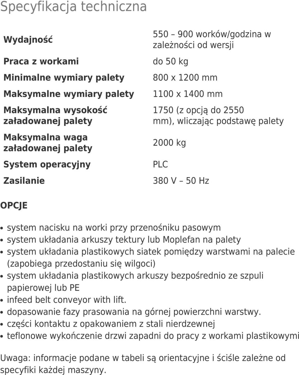 przy przenośniku pasowym system układania arkuszy tektury lub Moplefan na palety system układania plastikowych siatek pomiędzy warstwami na palecie (zapobiega przedostaniu się wilgoci) system