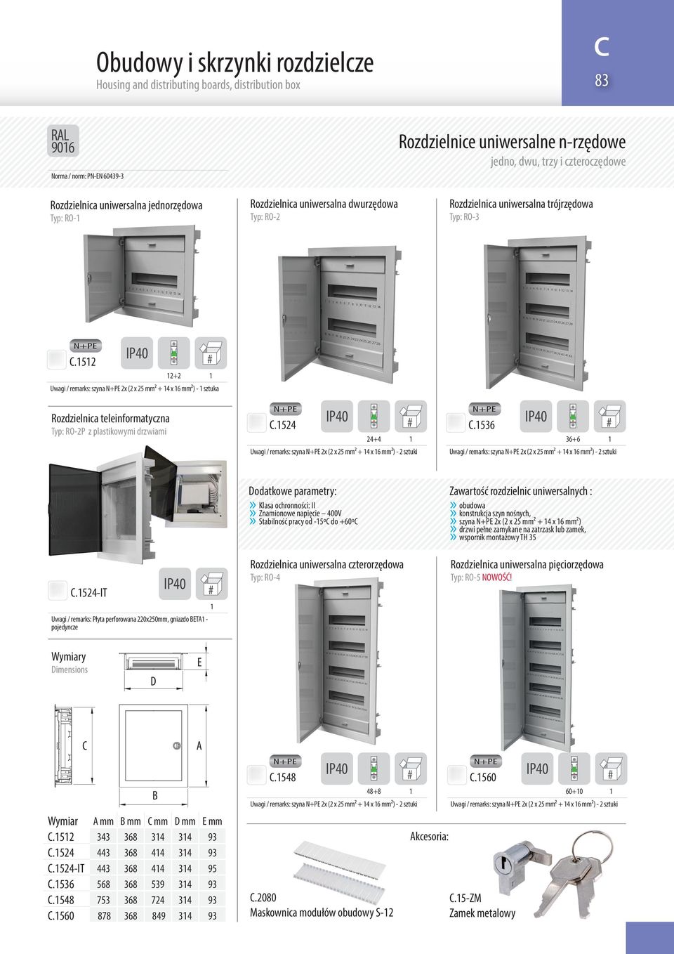 52 IP40 2+2 szyna 2x (2 x 25 mm² + 4 x 6 mm²) - sztuka Rozdzielnica teleinformatyczna Typ: RO-2P z plastikowymi ami.524 IP40 24+4 szyna 2x (2 x 25 mm² + 4 x 6 mm²) - 2 sztuki.