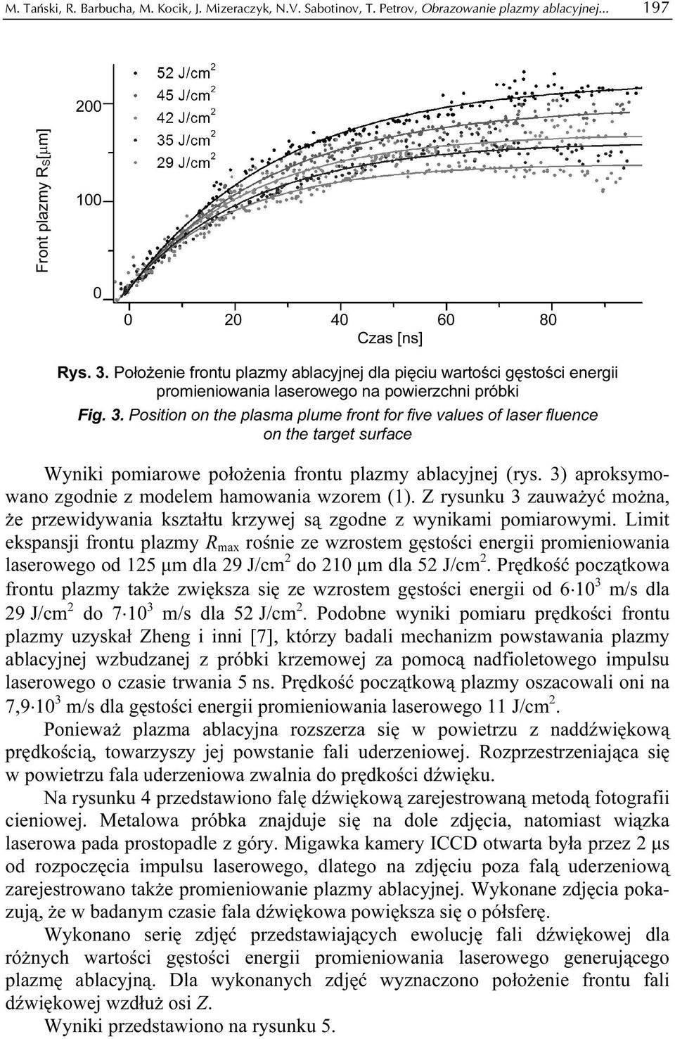 Position on the plasma plume front for five values of laser fluence on the target surface Wyniki pomiarowe położenia frontu plazmy ablacyjnej (rys.