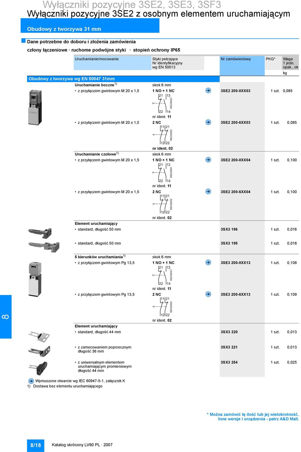 Element uruchamiający Styki pełzające Nr identyfikacyjny skok 6 mm 1 NO + 1 NC nr ident. 11 nr ident. 02 skok 6 mm 1 NO + 1 NC nr ident. 11 nr ident. 02 Nr zamówieniowy PKG* Waga ok 3SE2 200-0XX03 1 szt.