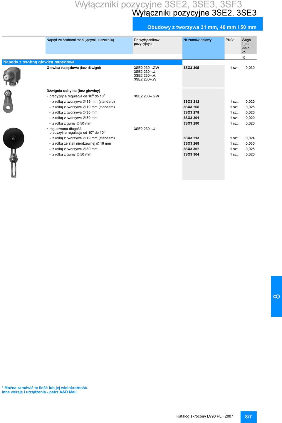 GW -z rolką z tworzywa 19 mm (standard) 3SX3 212 1 szt. 0,020 -z rolką z tworzywa 19 mm (standard) 3SX3 265 1 szt. 0,025 -z rolką z tworzywa 30 mm 3SX3 27 1 szt.